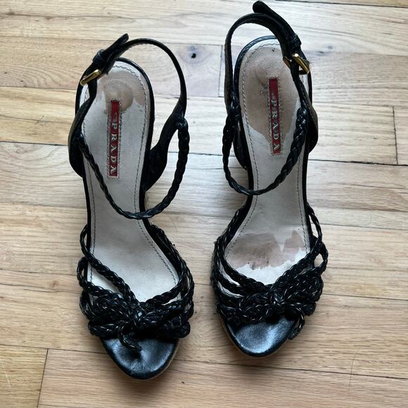 Prada Women's 35 US 5 Leather Braided Espadrilles Black Strappy Sandals Luxury - Picture 2 of 16